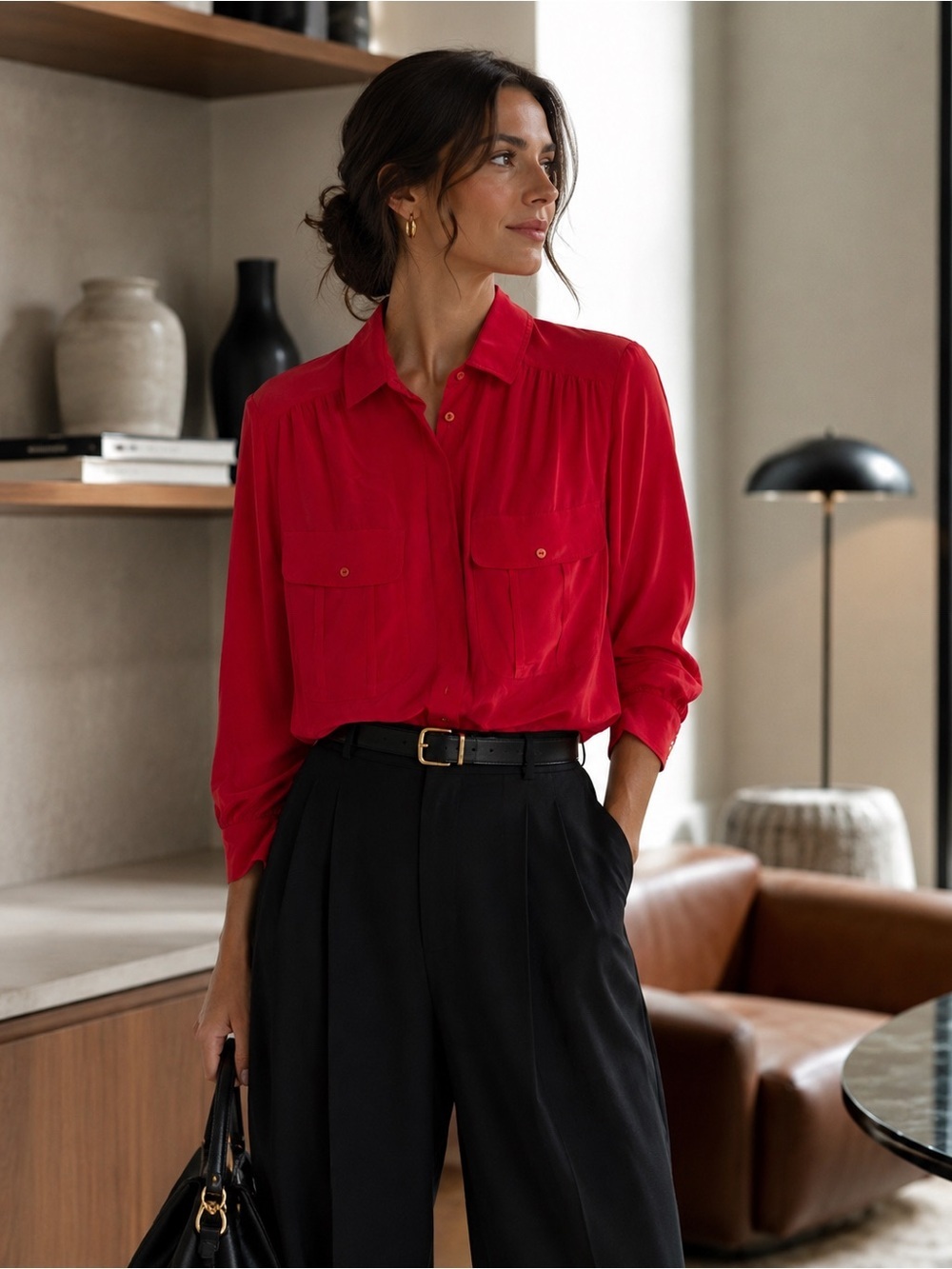 Aquascutum London ($500) Red Satin Utility Button Down Blouse Sz 38 Vintage ASIS